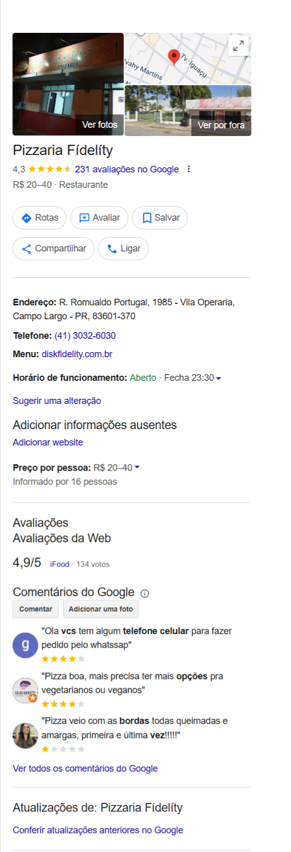 Screenshot Google Meu Negócio Fidelity Pizzaria